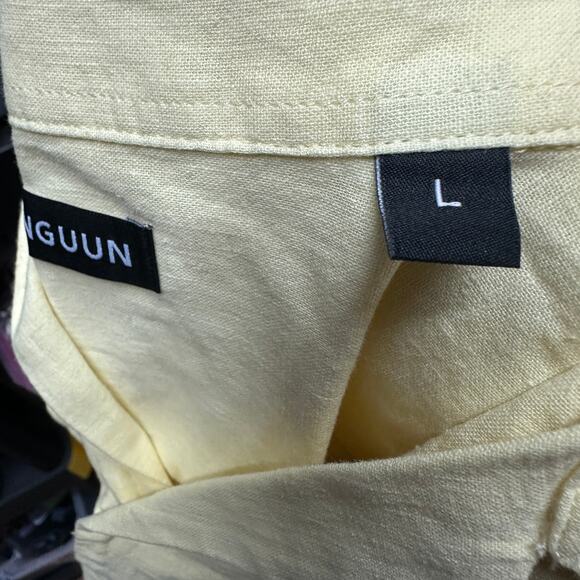 Manguun Button Front Short Sleeve Shirt Mens Size Large Linen Blend Light Yellow - Picture 7 of 7